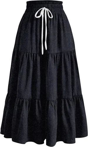 Long Skirts for Women Trendy Drawstring High Waisted Tiered Ruffle Midi Skirts Casual Summer Vacation Beach Skirt