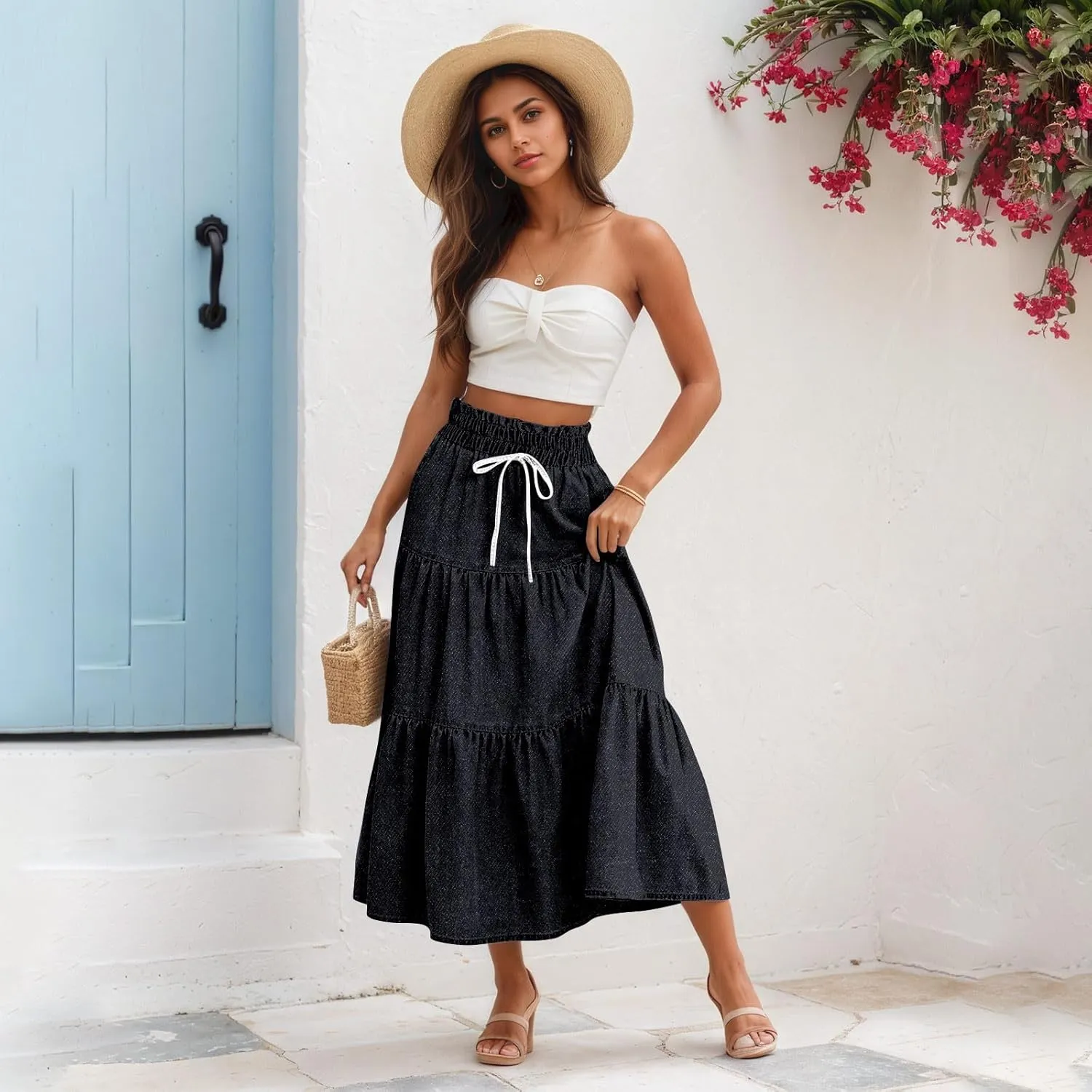 Long Skirts for Women Trendy Drawstring High Waisted Tiered Ruffle Midi Skirts Casual Summer Vacation Beach Skirt