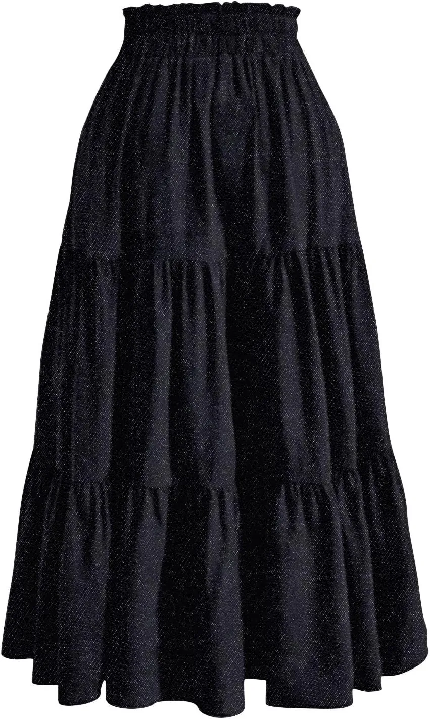 Long Skirts for Women Trendy Drawstring High Waisted Tiered Ruffle Midi Skirts Casual Summer Vacation Beach Skirt