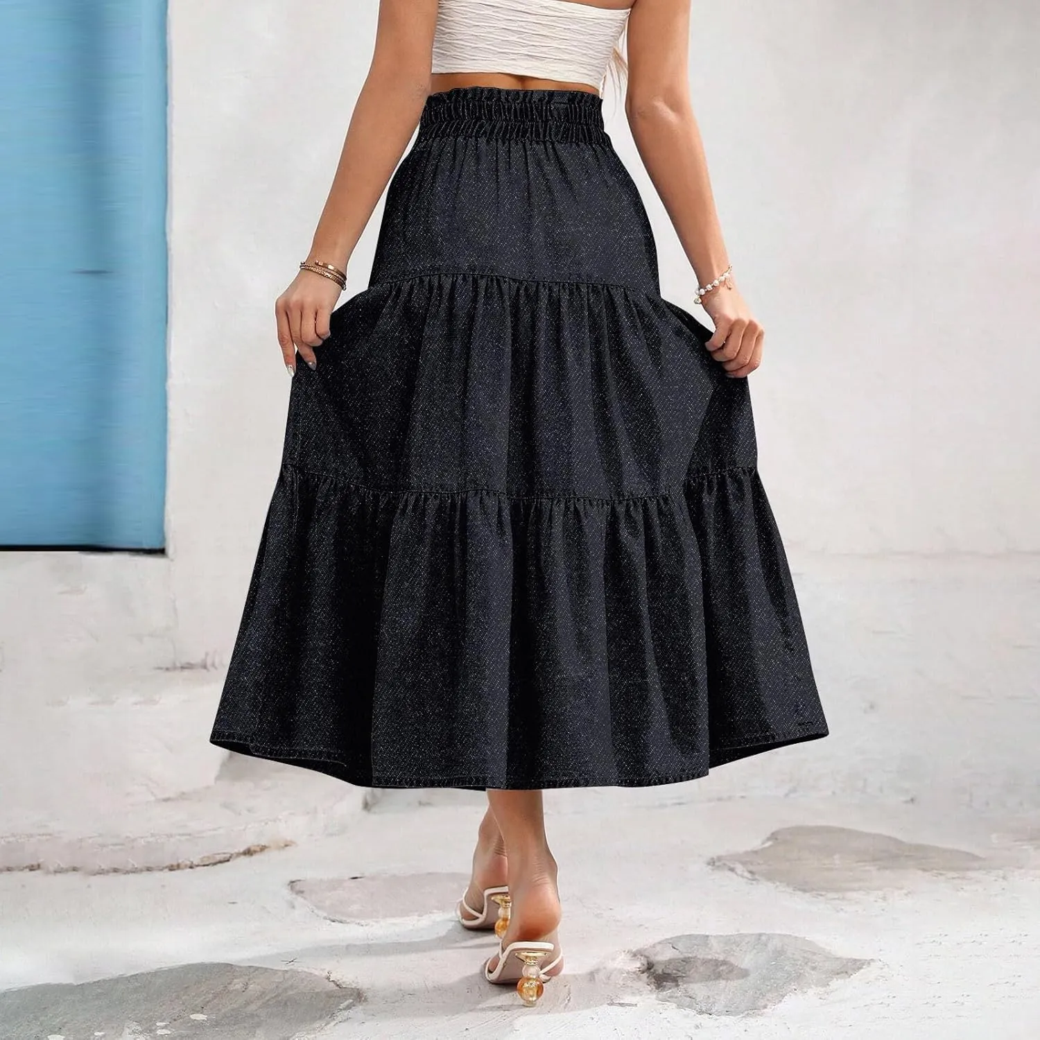 Long Skirts for Women Trendy Drawstring High Waisted Tiered Ruffle Midi Skirts Casual Summer Vacation Beach Skirt