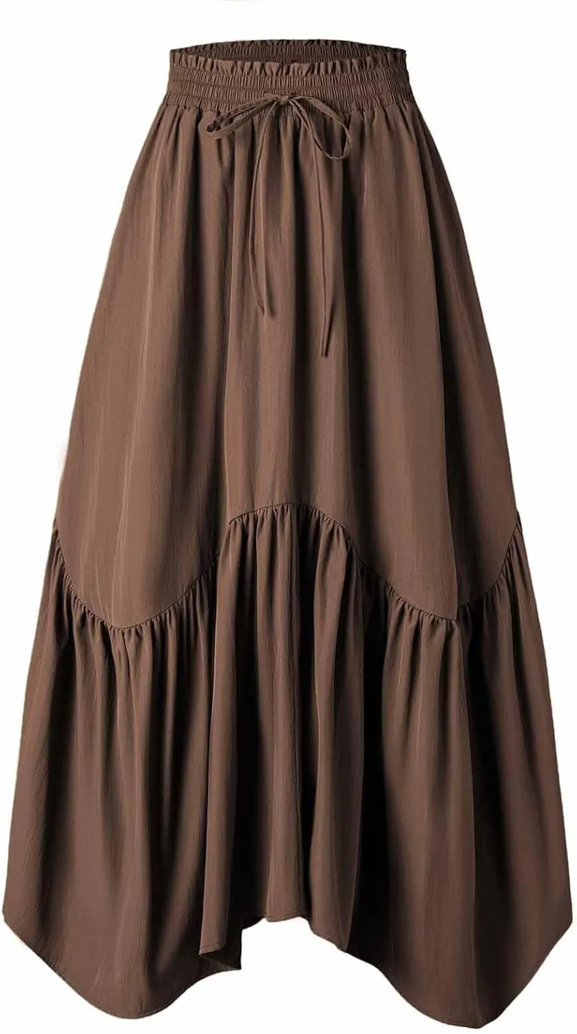 Maxi Skirts for Women Summer Fashion Flowy Pleated Long Skirt Casual High Waisted Drawstring Layered A Line Skirts