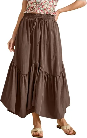 Maxi Skirts for Women Summer Fashion Flowy Pleated Long Skirt Casual High Waisted Drawstring Layered A Line Skirts