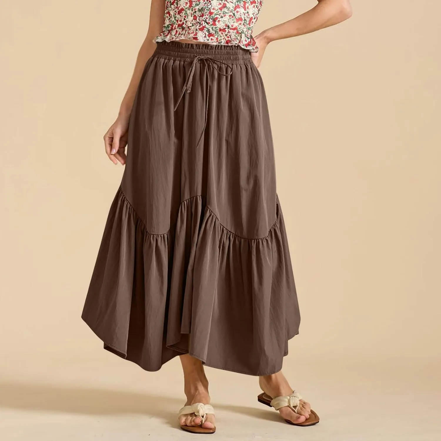 Maxi Skirts for Women Summer Fashion Flowy Pleated Long Skirt Casual High Waisted Drawstring Layered A Line Skirts