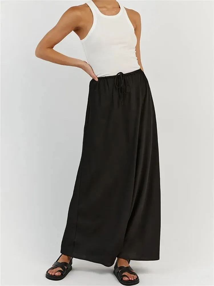 Meladyan Woman Drawstring High Elastic Waist Maxi Long Skirt A Line Flare Solid Slim Fitted Going Out Casual Midi Skirts