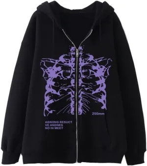 Men Women Y2K Skeleton Zip Up Hoodie Emo Gothic Oversized Grunge Alt Jacket Vintage Graphic Baggy Dark Academia Punk