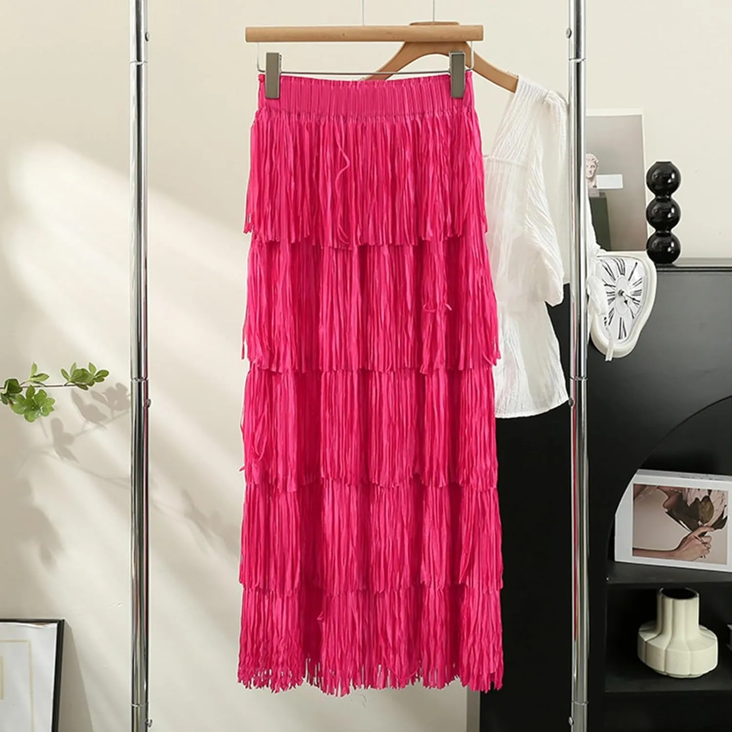 Oplxuo Women's Fringe Trim High Waist Long Skirts, Sexy Elegant Tiered Fringe Maxi Skirt High Waist Evening Party Work Skirt