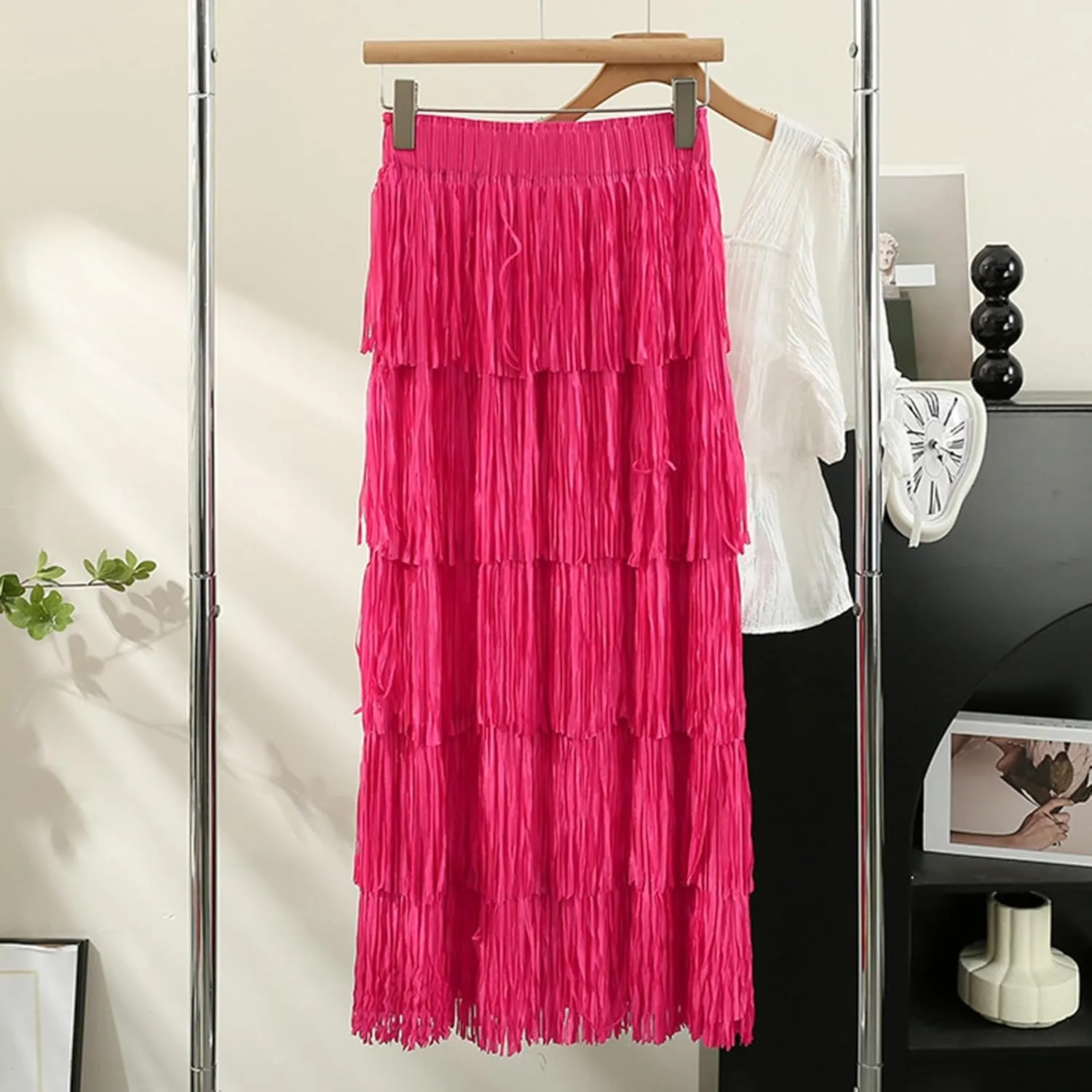 Oplxuo Women's Fringe Trim High Waist Long Skirts, Sexy Elegant Tiered Fringe Maxi Skirt High Waist Evening Party Work Skirt