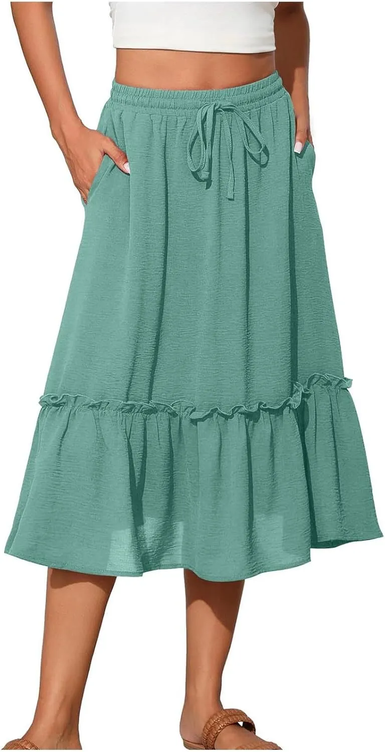 Pleated Midi Skirts for Women with Pockets, Elastic High Waisted Drawstring Skirt Womens Spring Skirts Trendy