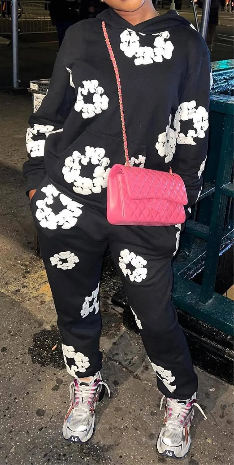 Recious Womens Sexy 2 Pieces Flowers Printed Hoodies Sweatshirts Bodycon Pants Party Clubwear Tracksuit Outfits Sweatsuit Set