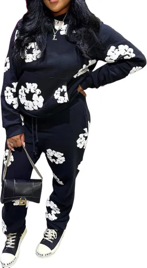 Recious Womens Sexy 2 Pieces Flowers Printed Hoodies Sweatshirts Bodycon Pants Party Clubwear Tracksuit Outfits Sweatsuit Set