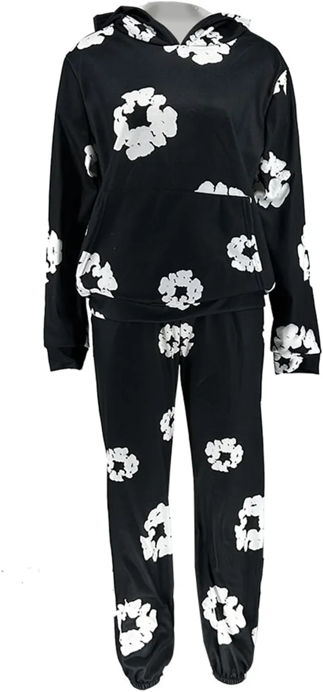 Recious Womens Sexy 2 Pieces Flowers Printed Hoodies Sweatshirts Bodycon Pants Party Clubwear Tracksuit Outfits Sweatsuit Set