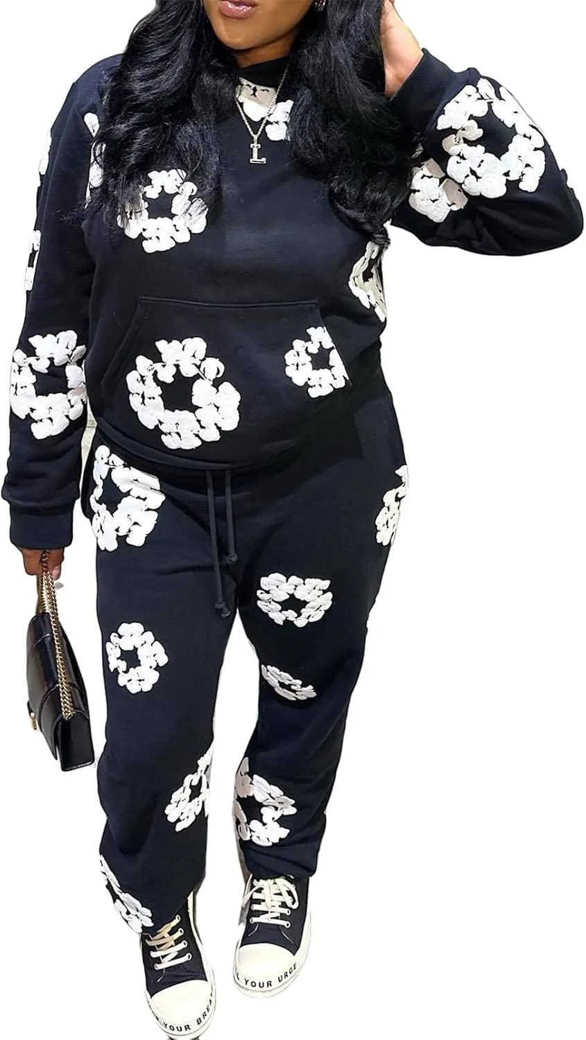 Recious Womens Sexy 2 Pieces Flowers Printed Hoodies Sweatshirts Bodycon Pants Party Clubwear Tracksuit Outfits Sweatsuit Set