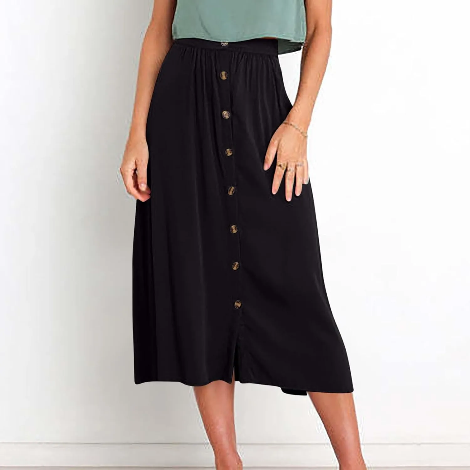 Skirts for Women Summer High Waisted Button Down Front Skirt with Pockets Casual Vintage Swing Flowy A-Line Skirts