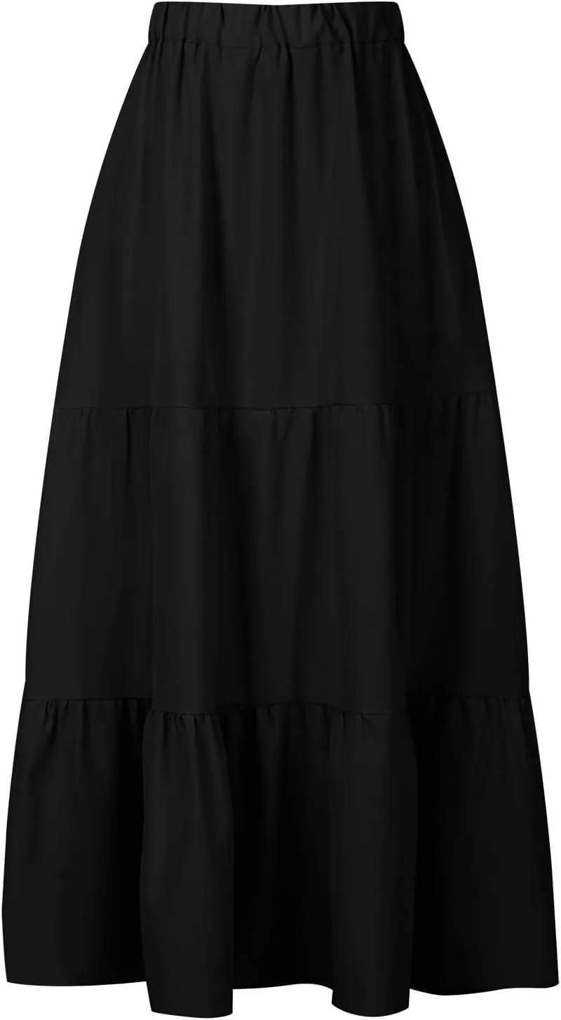 TANGNADE Women's Skirts Knee Length High Waisted Vacation Skirts for Women Summer Trendy Flowy Travel Boho Skirt with Pocket