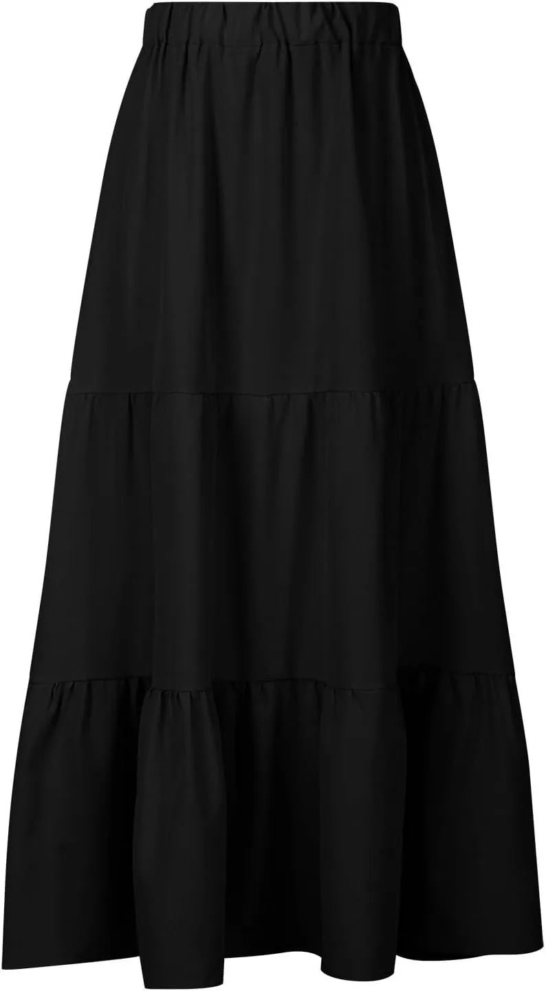 TANGNADE Women's Skirts Knee Length High Waisted Vacation Skirts for Women Summer Trendy Flowy Travel Boho Skirt with Pocket