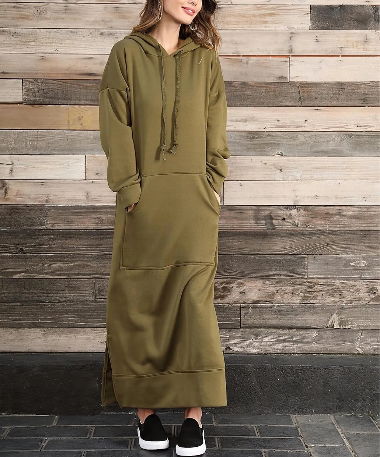 TIAFORD Women's Casual Plush Pullover Oversized Sweatshirt for Women Long Sleeve Drawstring Hoodie Maxi Dress with Pocket