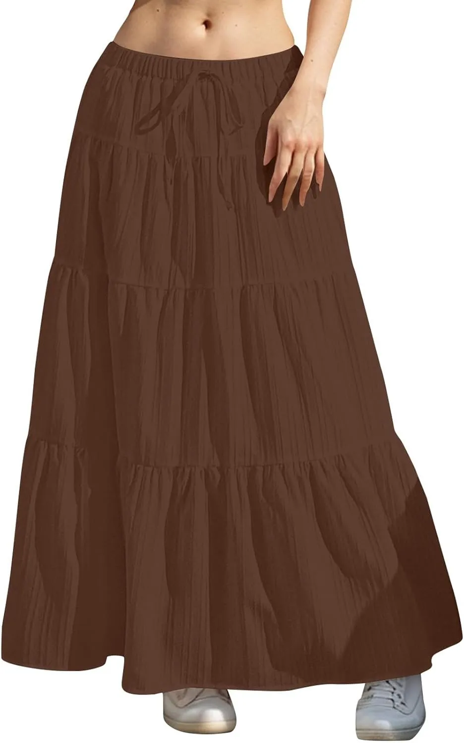 Tiered Long Skirts for Women Drawstring High Waisted Pleated Ruffle Maxi Skirt Flowy Swing Vacation Beach Skirt