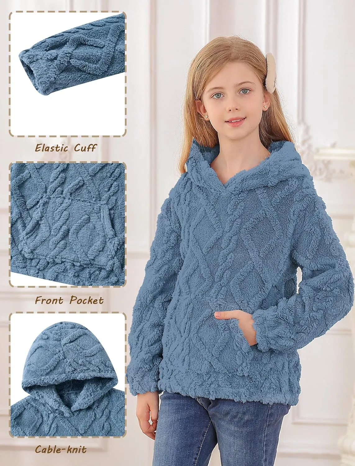 TUONROAD Girls Fuzzy Fleece Hoodies Cable Knit Warm Sherpa Pullover Sweatshirt with Pockets 6-13 Years