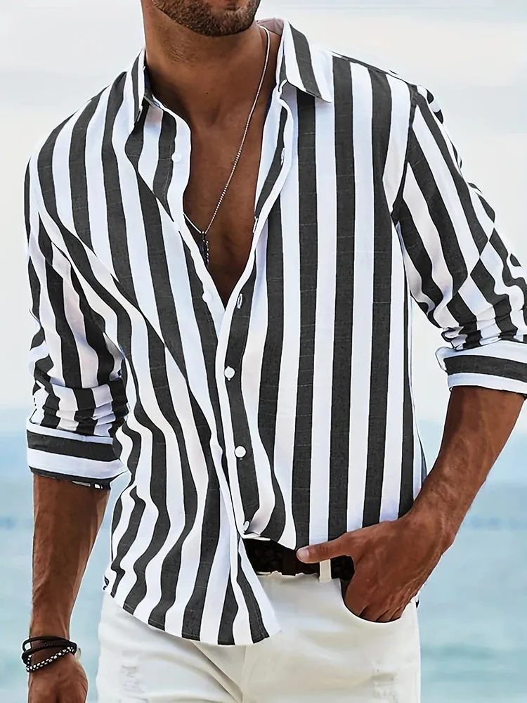 Wiaofellas  -  Beach Vintage Striped Cotton Linen Shirt Mens Leisure Breathable Long Sleeve Cardigan Shirts Casual Men Clothes Fashion Shirts