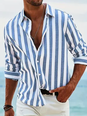 Wiaofellas  -  Beach Vintage Striped Cotton Linen Shirt Mens Leisure Breathable Long Sleeve Cardigan Shirts Casual Men Clothes Fashion Shirts