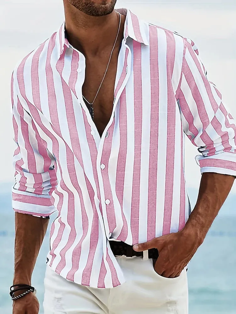 Wiaofellas  -  Beach Vintage Striped Cotton Linen Shirt Mens Leisure Breathable Long Sleeve Cardigan Shirts Casual Men Clothes Fashion Shirts