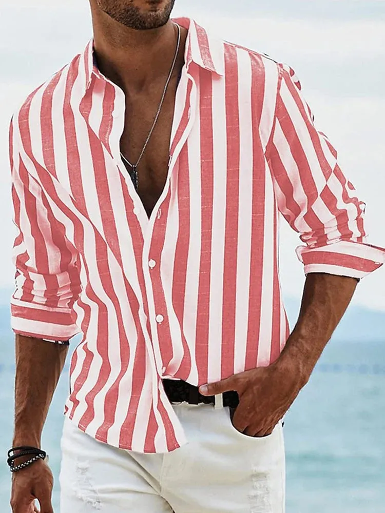 Wiaofellas  -  Beach Vintage Striped Cotton Linen Shirt Mens Leisure Breathable Long Sleeve Cardigan Shirts Casual Men Clothes Fashion Shirts