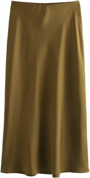 Women Satin Basic Midi Skirt Bodycon High Waist Pencil Skirts Elegant Casual Slim Fit Work Skirt for Going Out