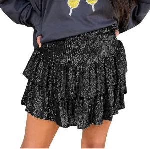 Women Sequin Skirt Sparkly Cute High Waist Ruffle Skirt Fashion 2025 Teen Girls Night Out Party Glitter Mini Skirt