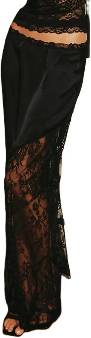 Women Sexy Lace Long Skirts Y2K Sheer High Waisted A Line Midi Skirt See Through Beach Cover Up Maxi Skirt Summer