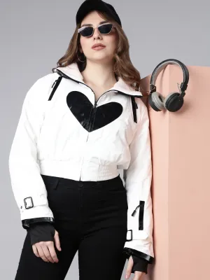 Women White Mock Collar Crop Puffer Jacket