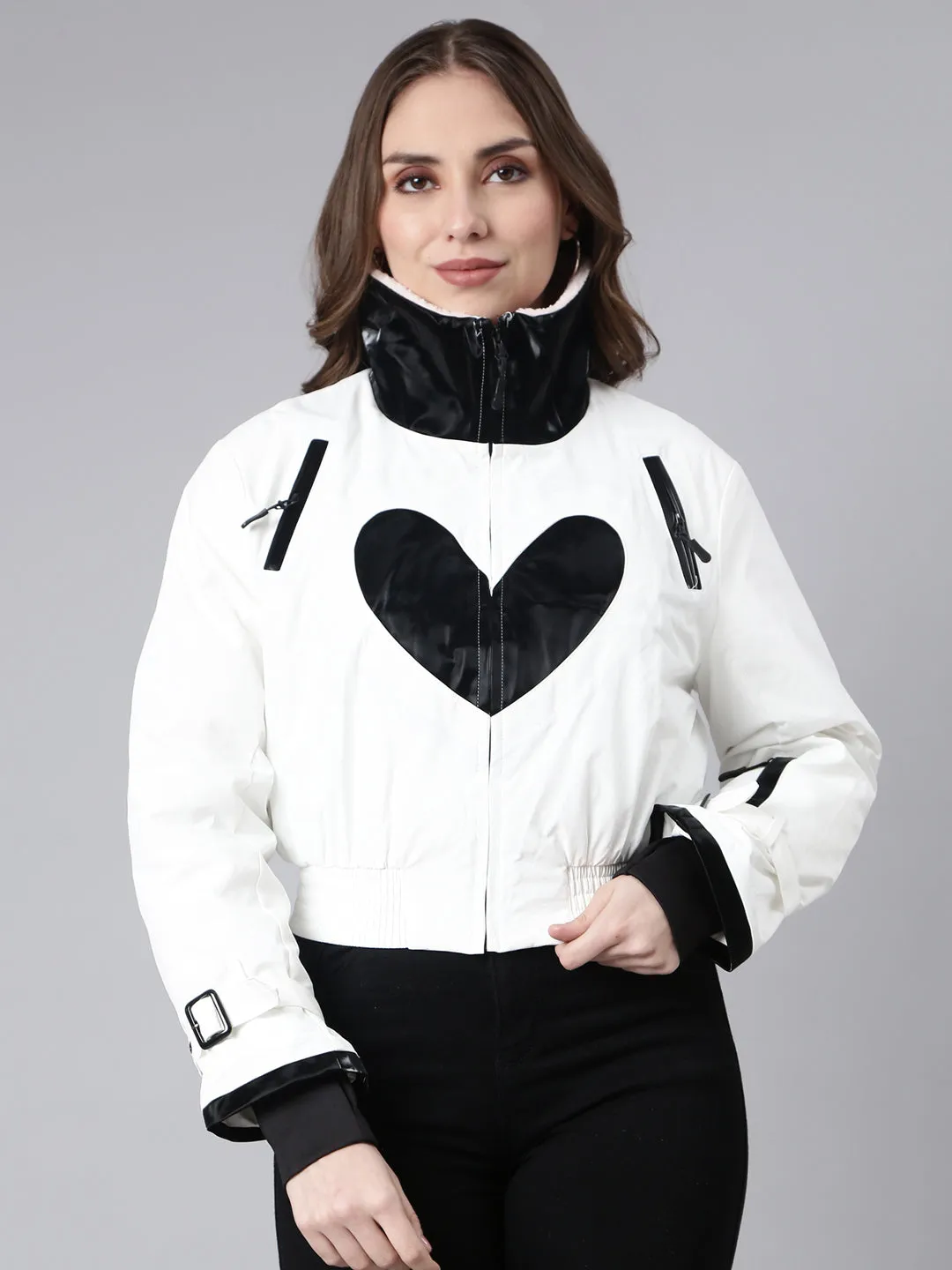 Women White Mock Collar Crop Puffer Jacket