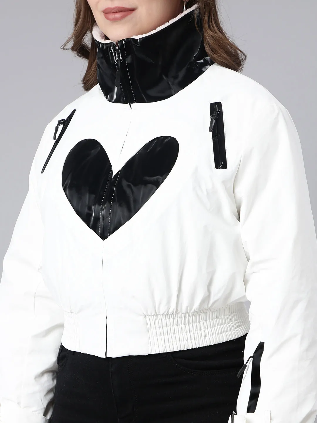 Women White Mock Collar Crop Puffer Jacket
