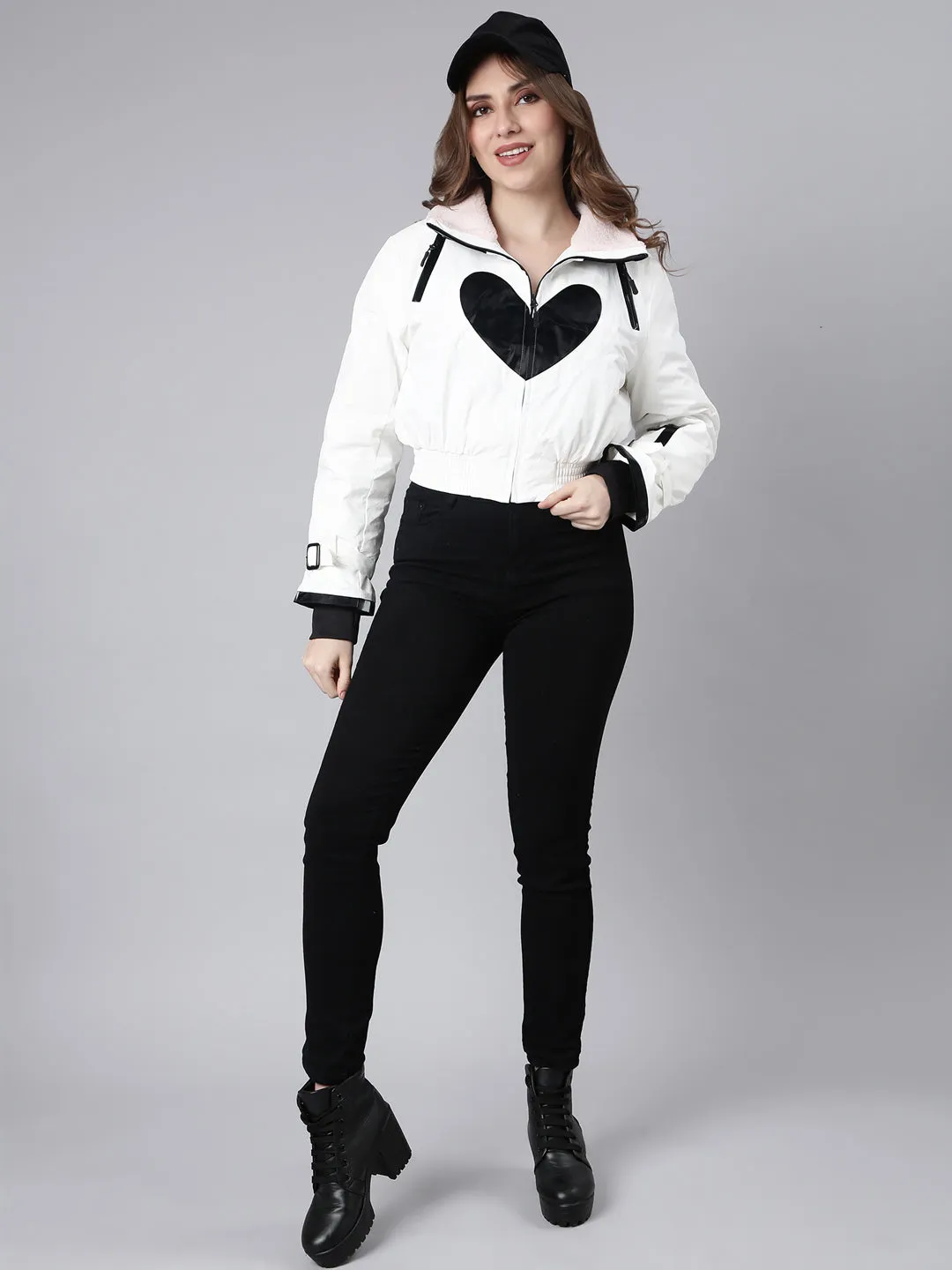 Women White Mock Collar Crop Puffer Jacket