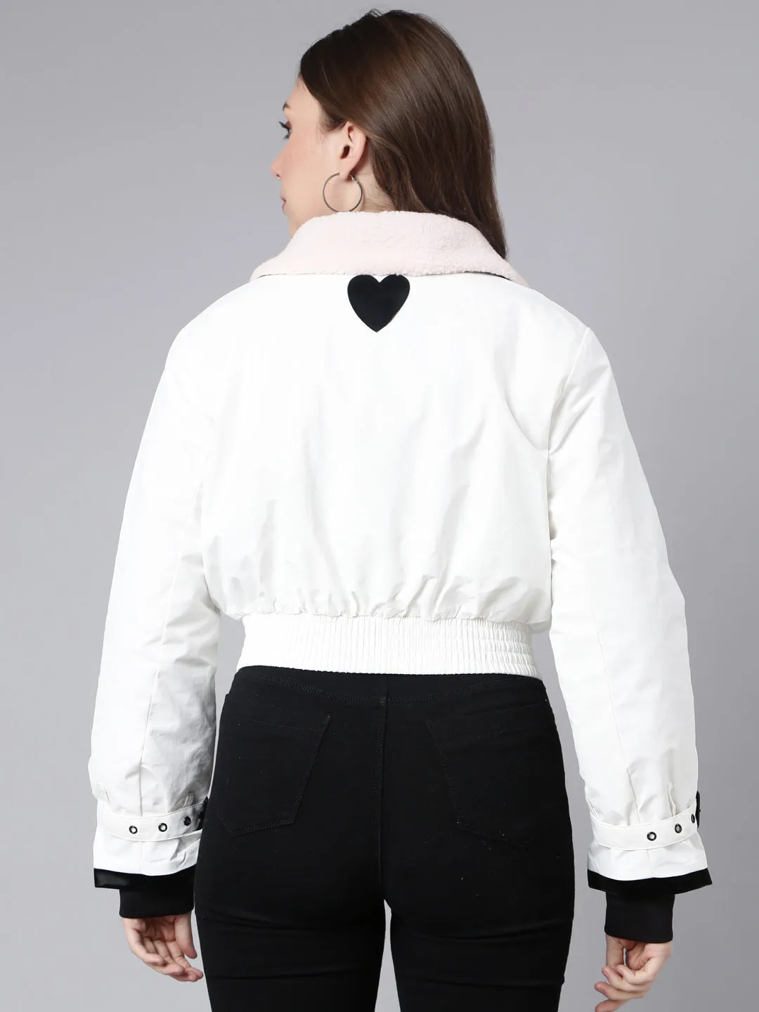 Women White Mock Collar Crop Puffer Jacket