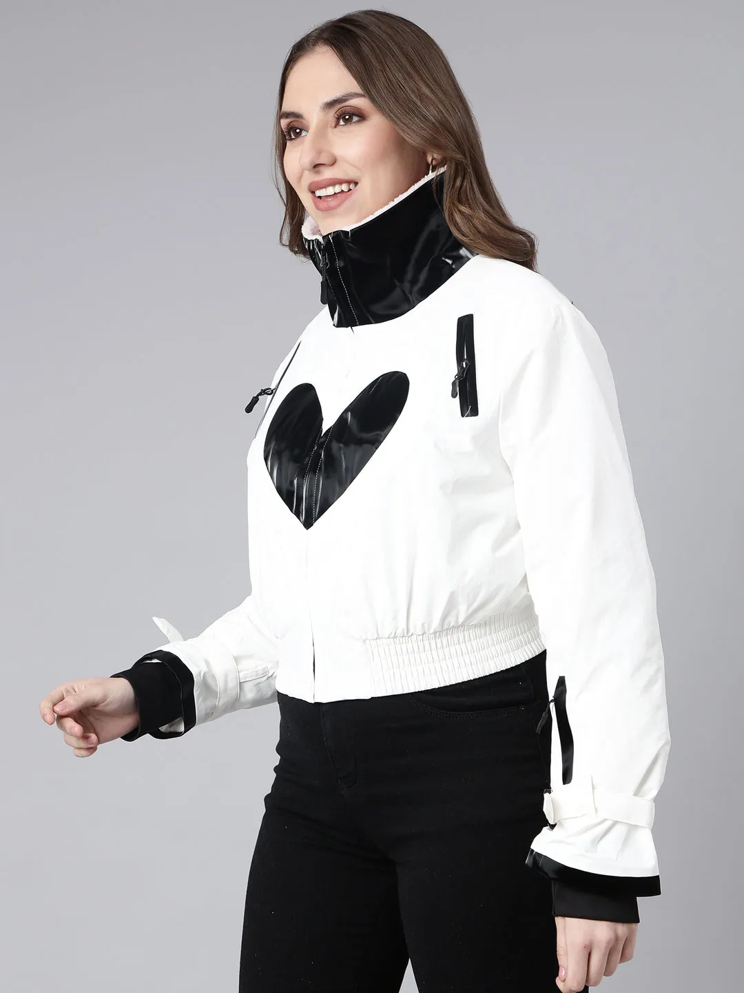 Women White Mock Collar Crop Puffer Jacket