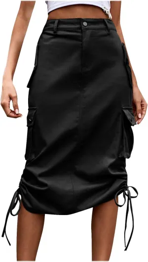 Women Y2k Drawstring Cargo Denim Skirt High Waist Ruched Parachute Maxi Long Skirts Vintage Jean Skirt with Pockets