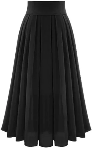 Womens Chiffion Pleated Skirt Comfy High Waist A-Line Maxi Skirt Double Layer Solid Color Ankle Length Skirt