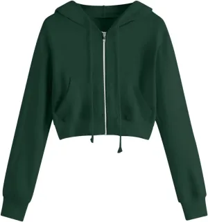 Womens Cropped Hoodies Trendy Fall Solid Drawstring Full Zip Sweatshirts Oversized Long Sleeve Outfits