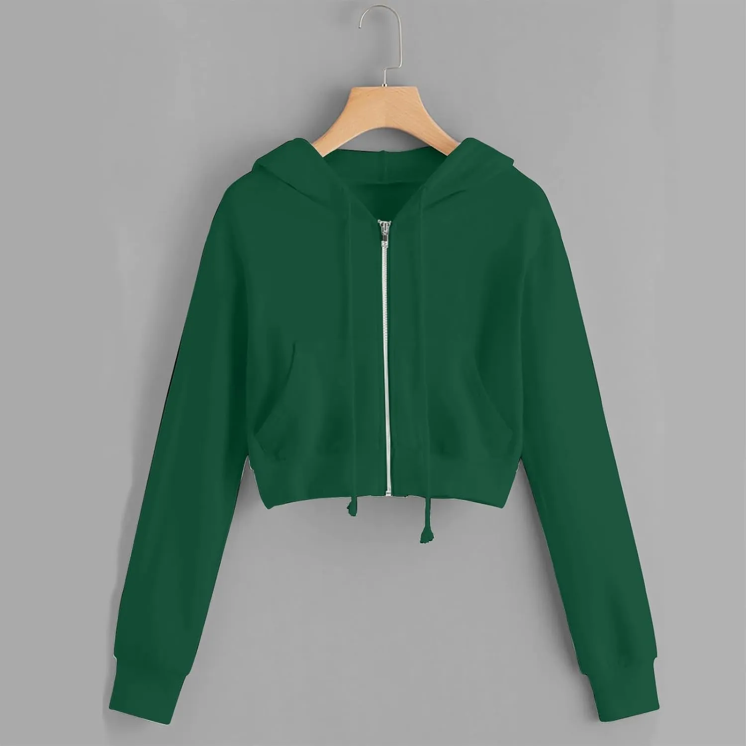 Womens Cropped Hoodies Trendy Fall Solid Drawstring Full Zip Sweatshirts Oversized Long Sleeve Outfits