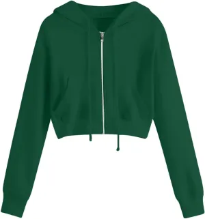 Womens Cropped Hoodies Trendy Fall Solid Drawstring Full Zip Sweatshirts Oversized Long Sleeve Outfits