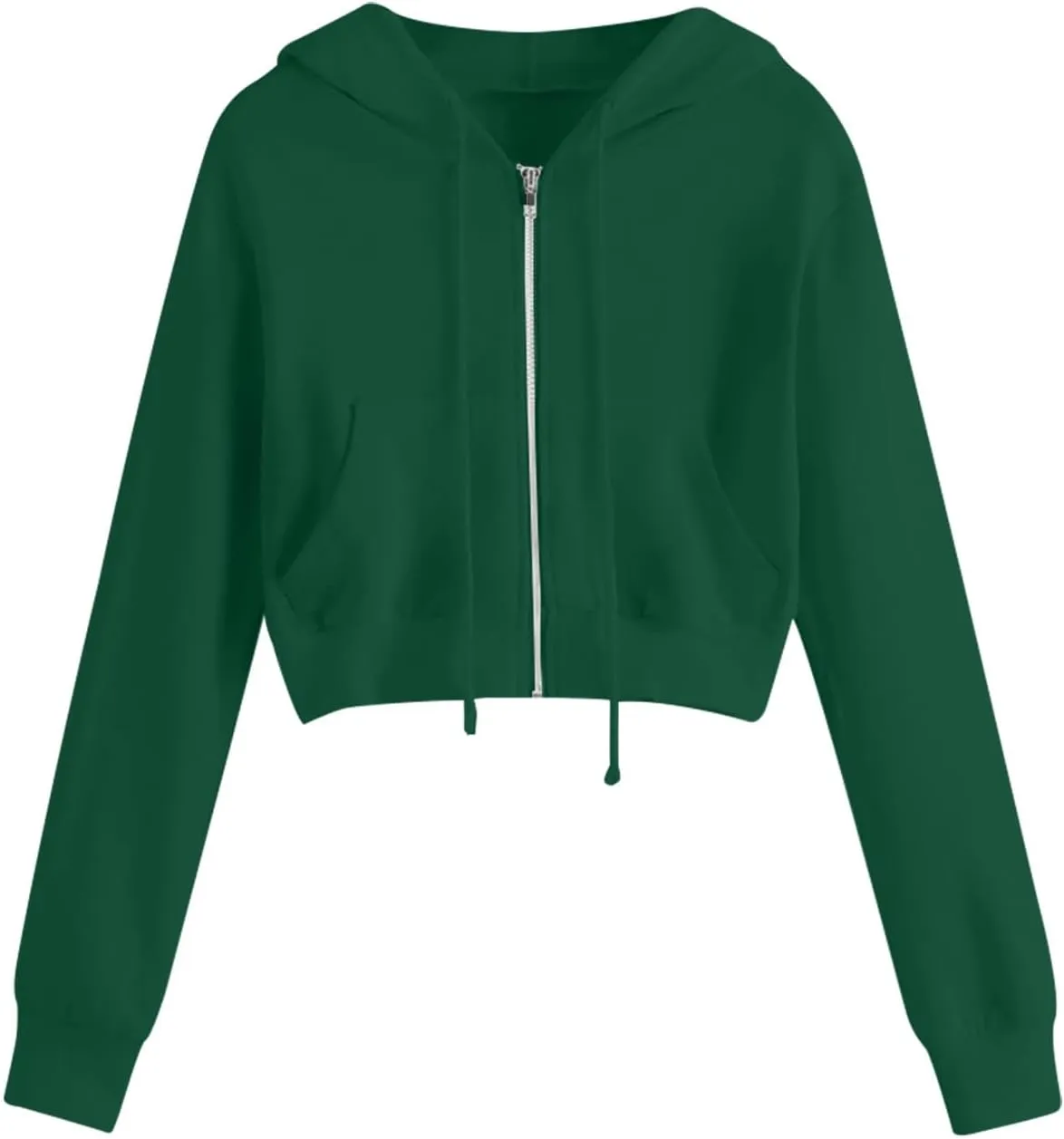 Womens Cropped Hoodies Trendy Fall Solid Drawstring Full Zip Sweatshirts Oversized Long Sleeve Outfits
