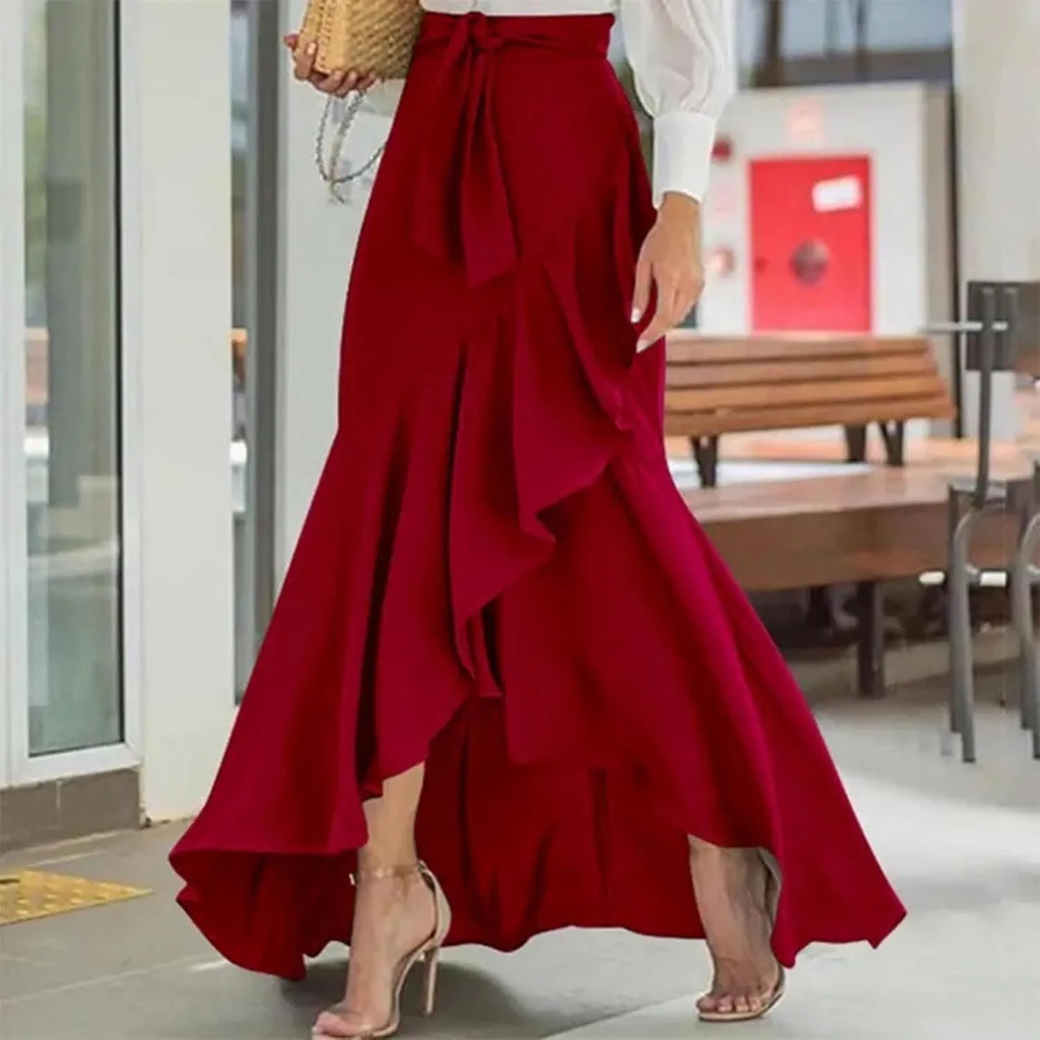 Women's Elegant Ruffle Wrap Skirt Irregular Hem Tie High Waist Stretch Long Skirt Casual Draped Flowy Skirts Plus Size