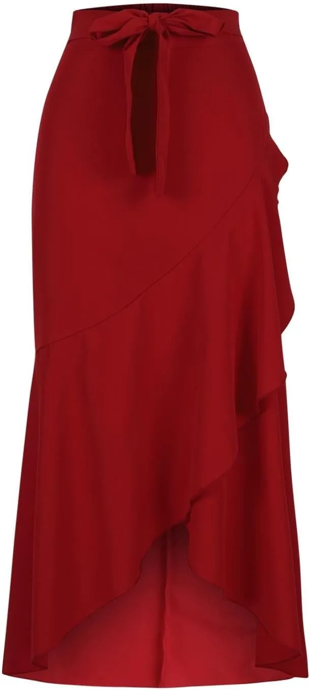 Women's Elegant Ruffle Wrap Skirt Irregular Hem Tie High Waist Stretch Long Skirt Casual Draped Flowy Skirts Plus Size