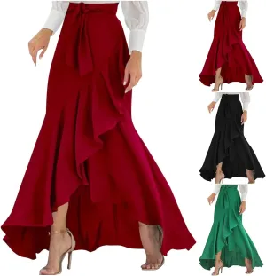 Women's Elegant Ruffle Wrap Skirt Irregular Hem Tie High Waist Stretch Long Skirt Casual Draped Flowy Skirts Plus Size