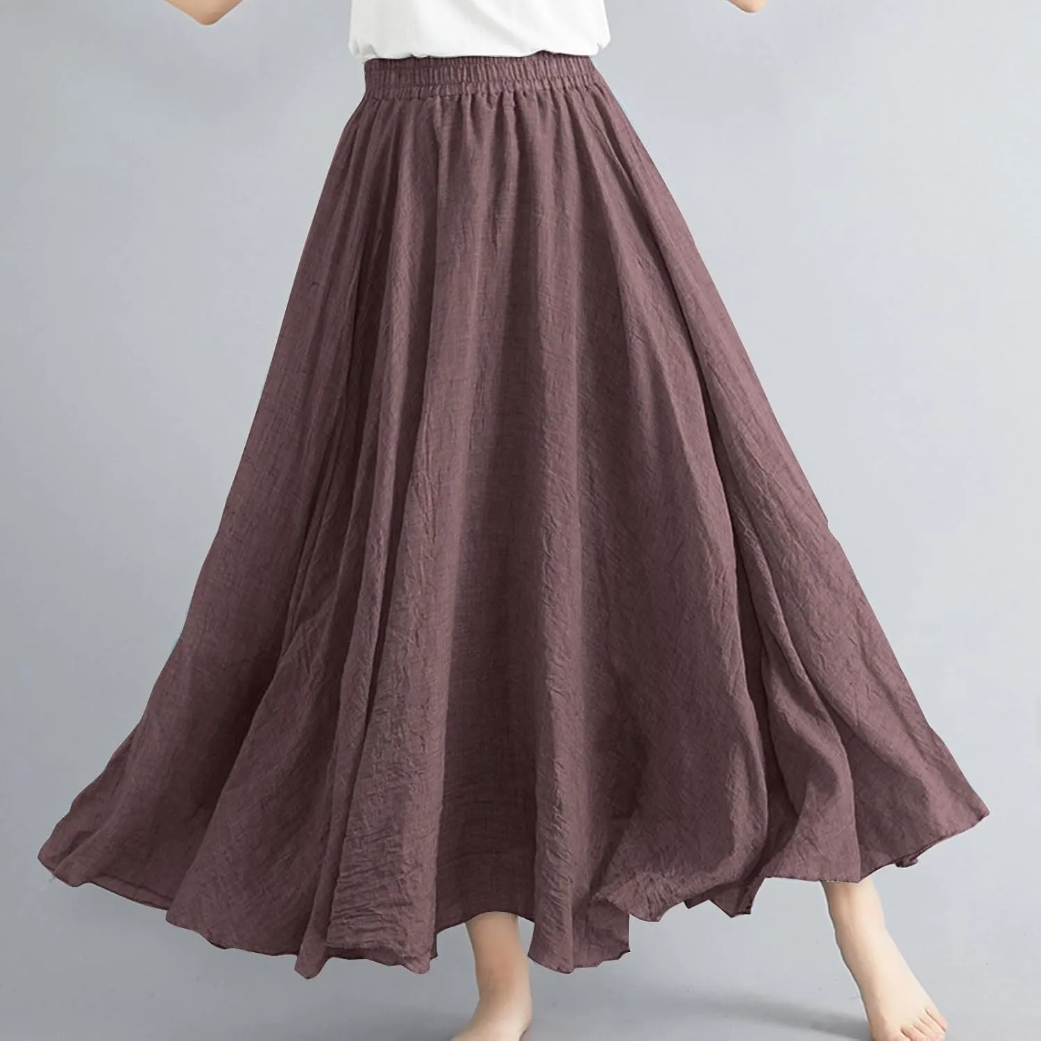 Women's Flowy Linen Maxi Skirt Summer Pleated High Waisted Casual Long Skirts Solid A-Line Beach Skirt for Going Out