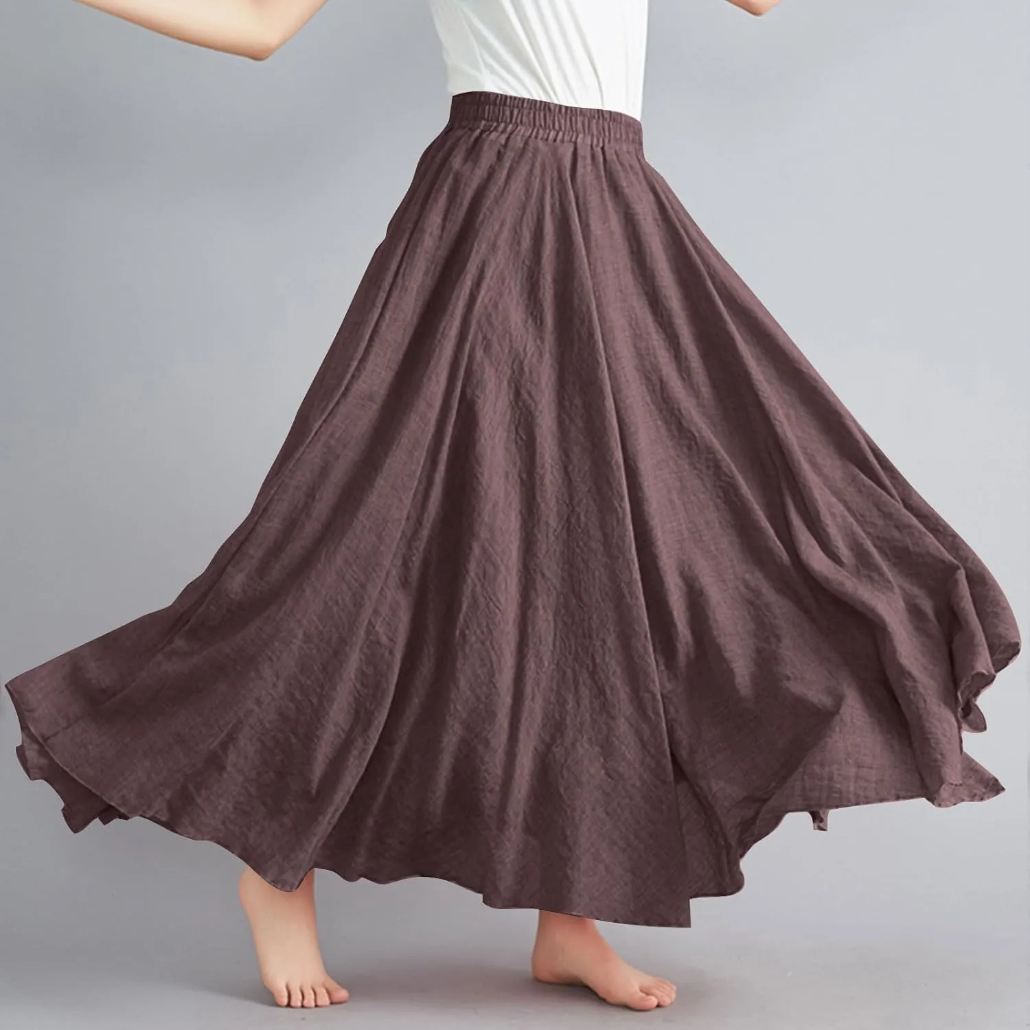 Women's Flowy Linen Maxi Skirt Summer Pleated High Waisted Casual Long Skirts Solid A-Line Beach Skirt for Going Out