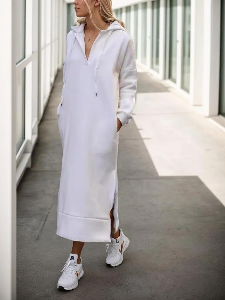 Women's Oversized Long Sleeve Loose Hooded Sweatshirt Dress Pullover Split Hem Maxi Hoodie Dress with Pockets