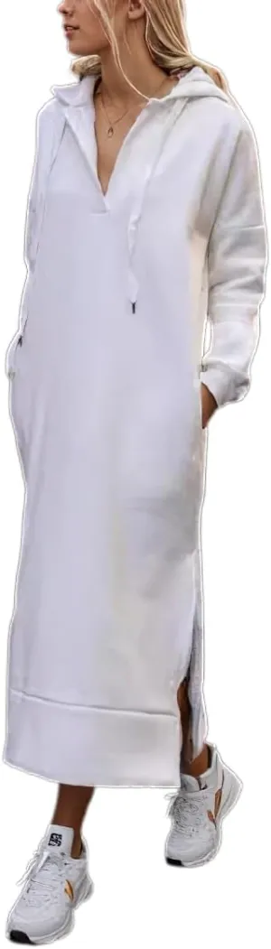 Women's Oversized Long Sleeve Loose Hooded Sweatshirt Dress Pullover Split Hem Maxi Hoodie Dress with Pockets