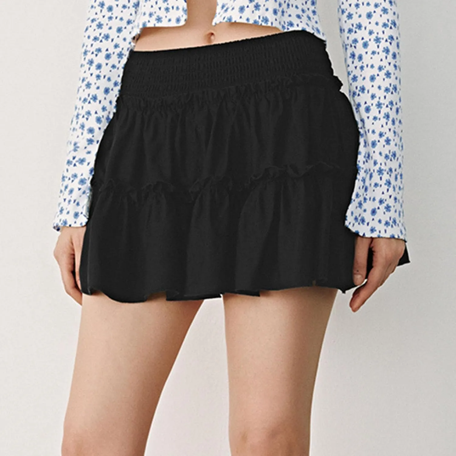 Women's Pleated Skater Skirt High Waisted Layered Ruffles Flared Mini Short Skirts Summer Beach Vacation Skirts