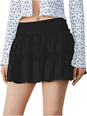 Women's Pleated Skater Skirt High Waisted Layered Ruffles Flared Mini Short Skirts Summer Beach Vacation Skirts